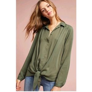Anthropologie Maeve Button Up tie Front Top Size XS Military Green